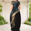 Women Plus Size Round Neck Short Sleeve Black Red White Printed Loose Maxi Dress With Side Pockets