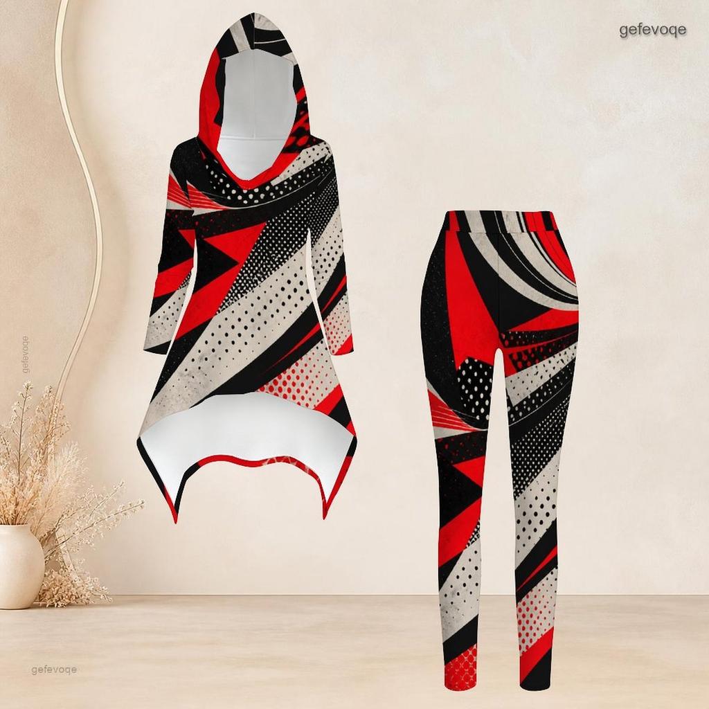 Women Plus Size Black White Gray Printed Hooded Long Sleeve High Low Top Fitted Pants Two Piece Set