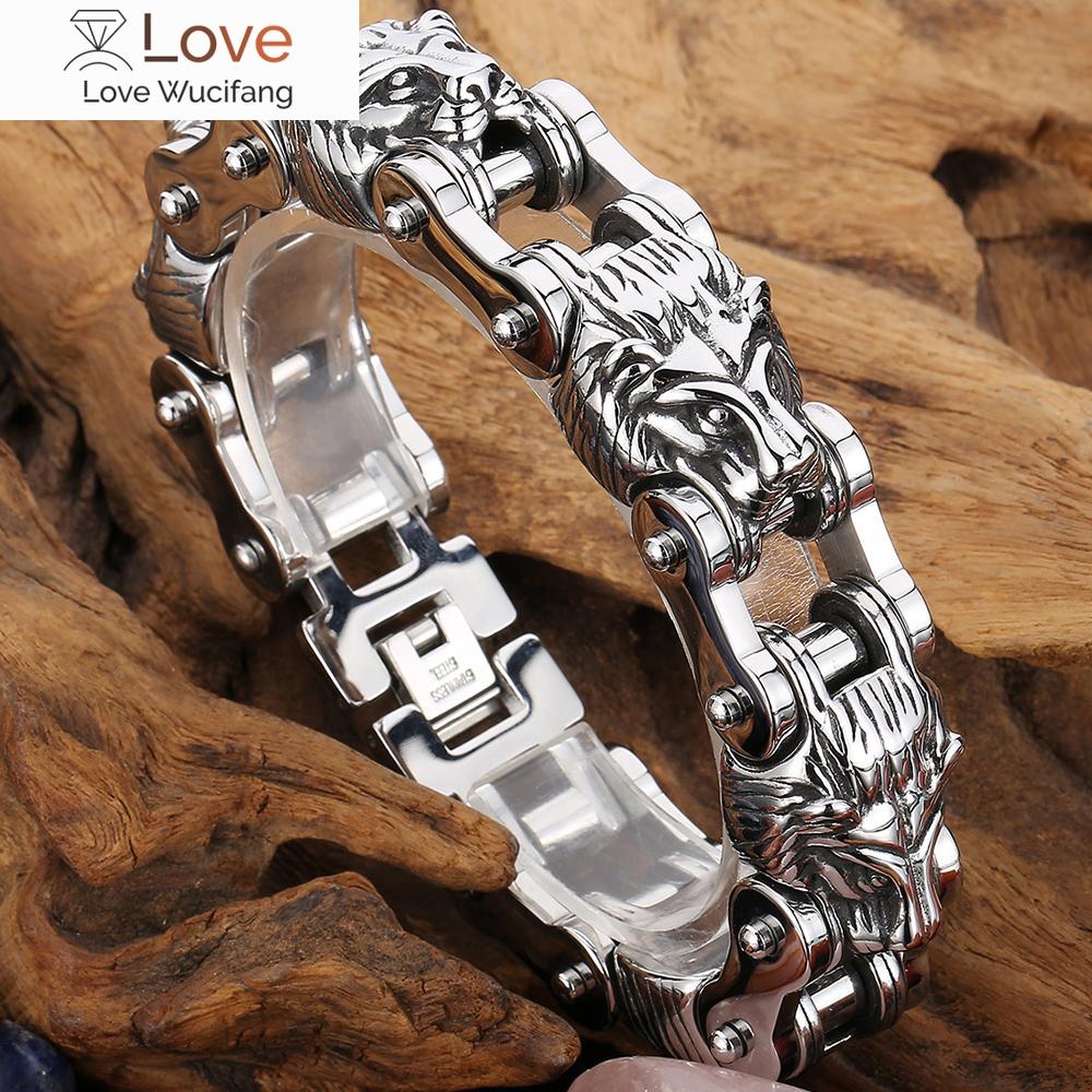 Готический браслет с подвеской в виде черепа и головы льва, мужской браслет из нержавеющей стали, массивный, 13/18 мм, цепочка для рук, мужской браслет-цепочка для мотоцикла, ювелирные изделия