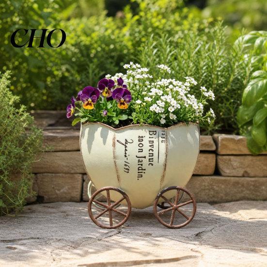 Home Decor Planter Retro Pumpkin Cart Planter, Decorative Metal Flowerpot with Drainage Hole, Stylish Small Plant Pot for Indoor Outdoor Garden