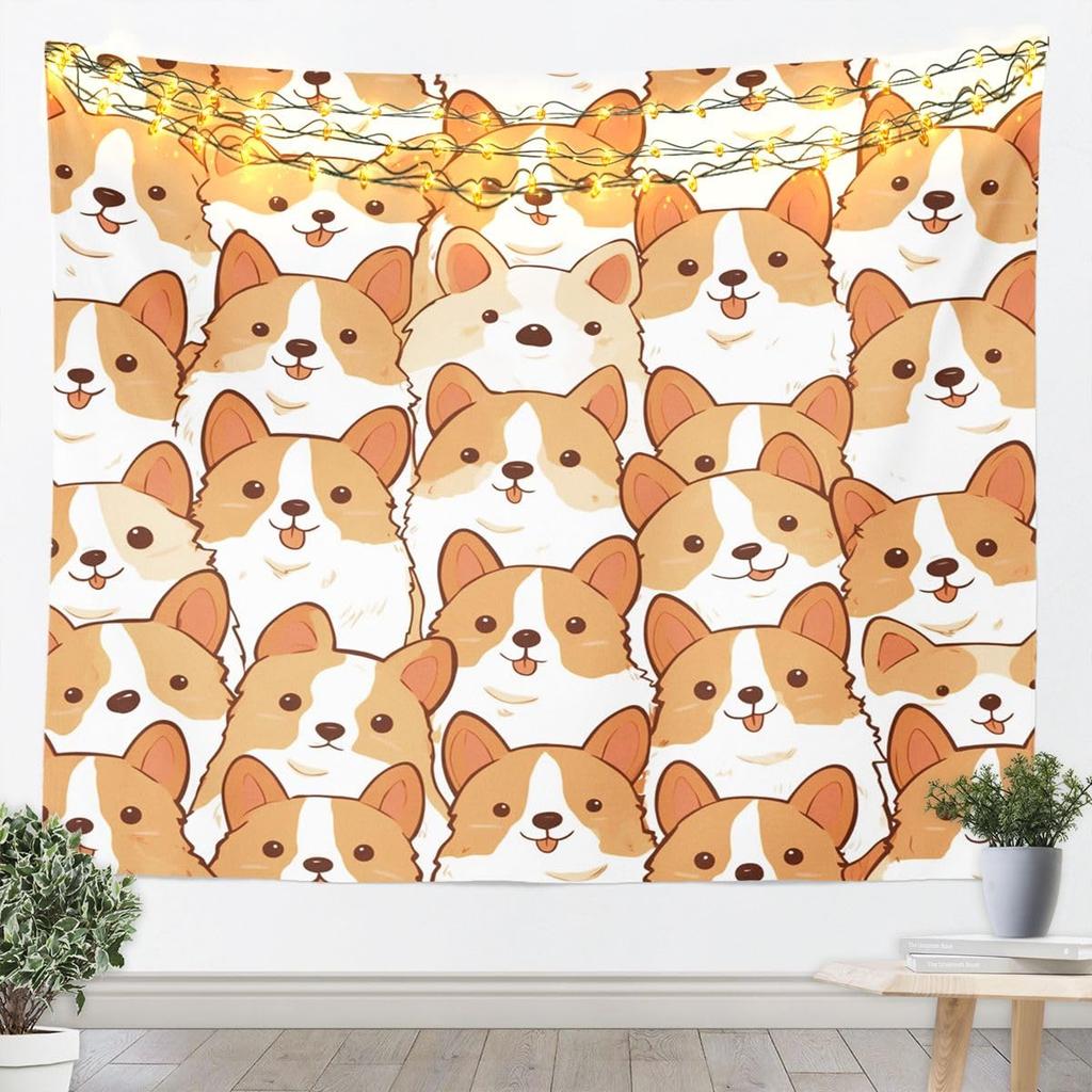 Cute Corgi Dog Tapestry Adorable Cartoon Corgi Faces Print Wall Hanging For Bedroom Living Room Dorm Home Decor