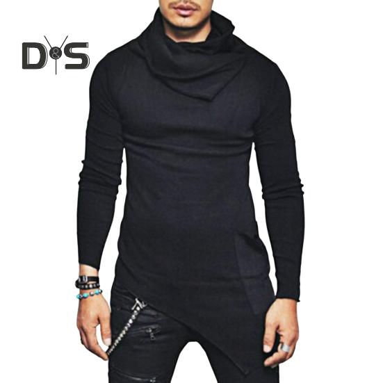 Весна Осень Мужской Топ Неровный Подол Средней Длины Наборный Воротник Slim Fit Эластичный Свитшот Длинные Рукава Пуловер Уличный Стиль Тонкий Топ