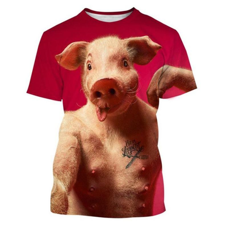Cute Men and Women Guitar and Pork 3D Printed T-shirt, Imitating Animal Fun Summer Clothing, Round Neck, Short Sleeves, Casual