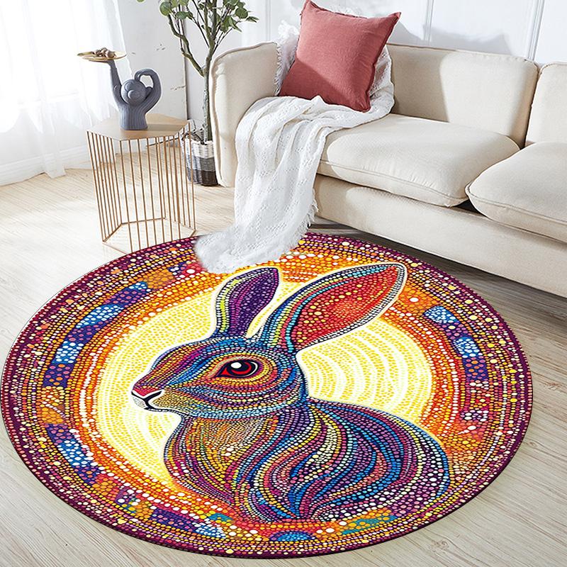 Rabbit Artwork Round Area Rug,Carpet Rug for Living Room Bedroom Sofa Playroom Decor,Non-slip Floor Mat