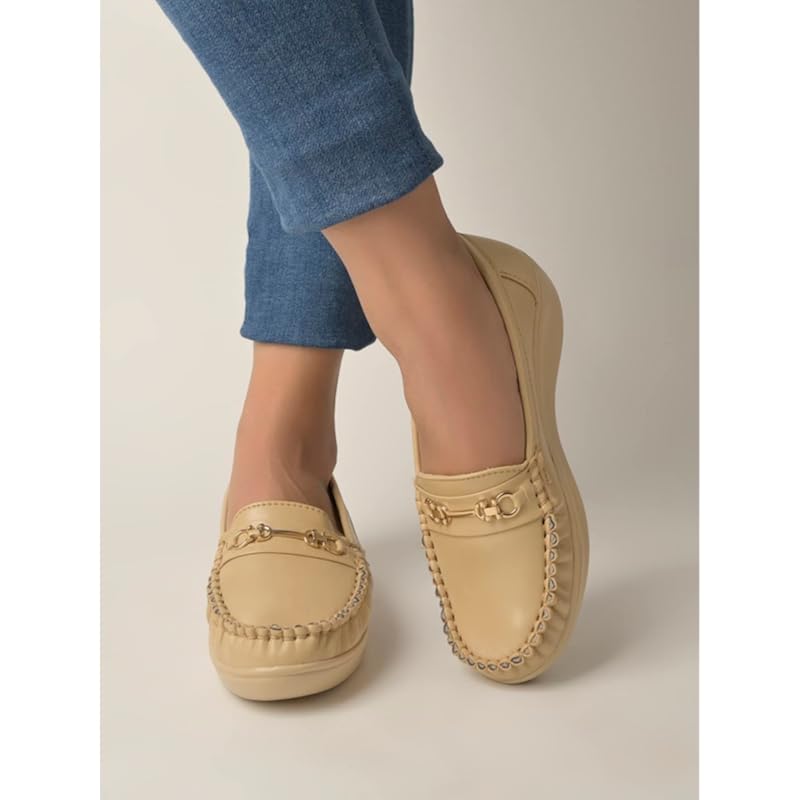 Shoetopia Верх с металлической пряжкой Детальные бежевые лоферы для женщин и девочек / UK 3