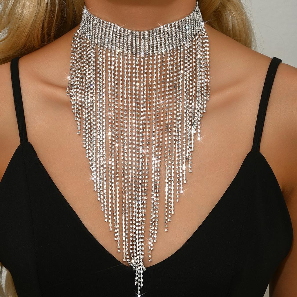 Exaggerated Heavy-Duty Diamond-Encrusted Long Tassel Necklace Fashionable Light-Luxury High-End Collarbone Chain