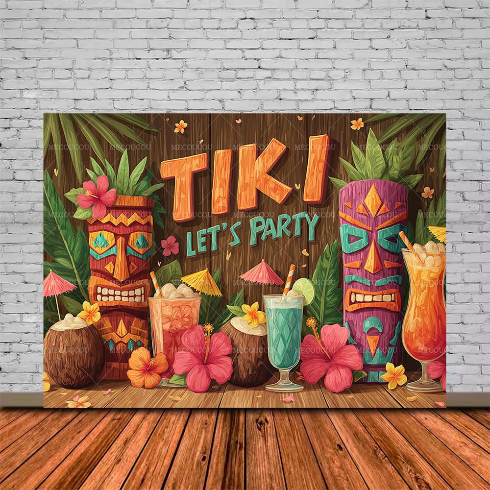 Tropical Tiki Bar Photography Backdrop Flower Totem Banner Hawaii Seaside View Background Baby Shower Kids Birthday Party Decor