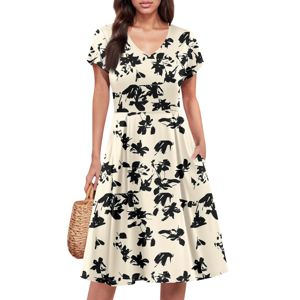 Womens Summer Dress Short Sleeve V Neck Short Dresses Fashion Casual Flowy A Line Swing Sundress With Pocket