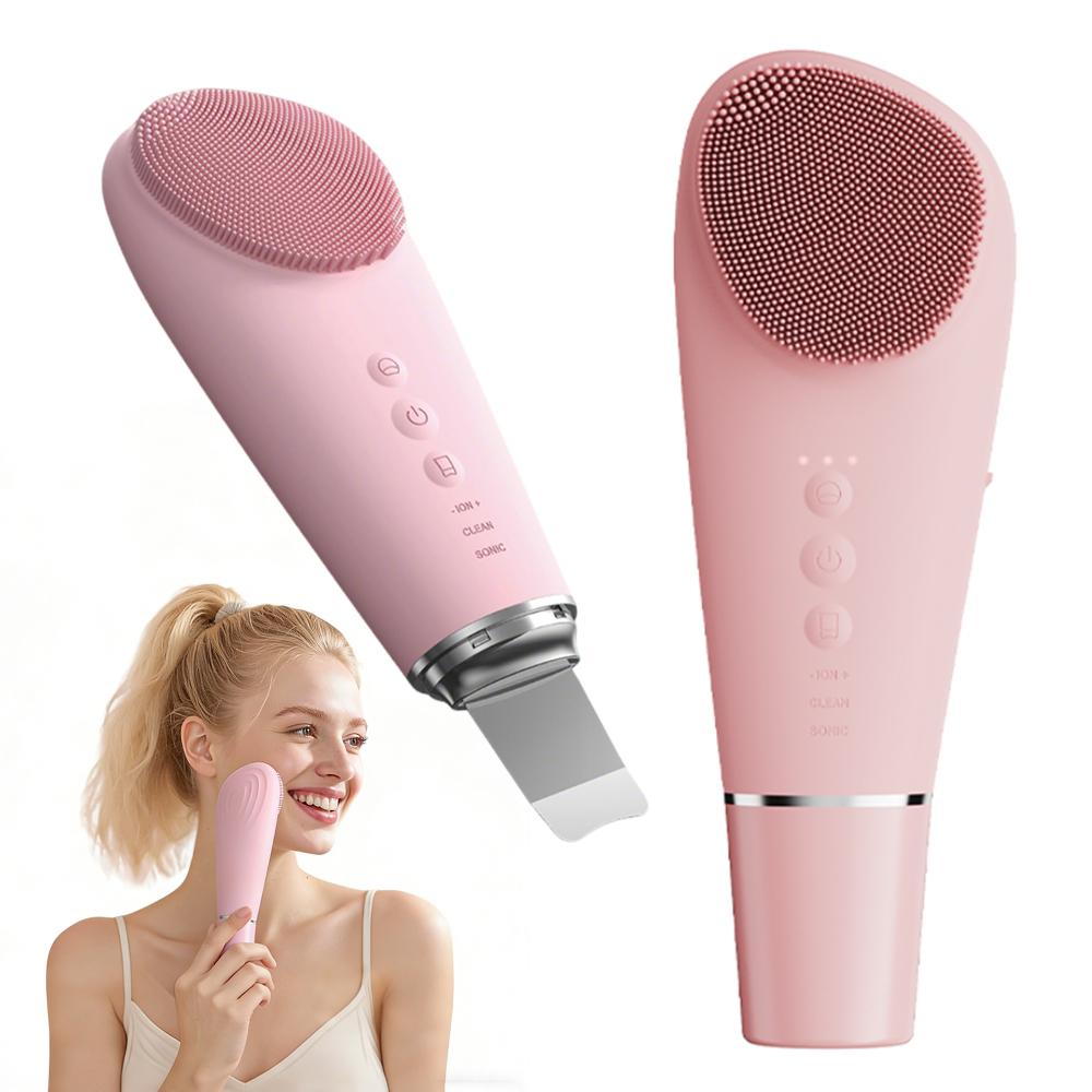 2 in 1 Electric Silicone Facial Cleansing Brush Ultrasonic Face Scrubber Skin Spatula Pore Extractor Deep Cleansing for Skincare
