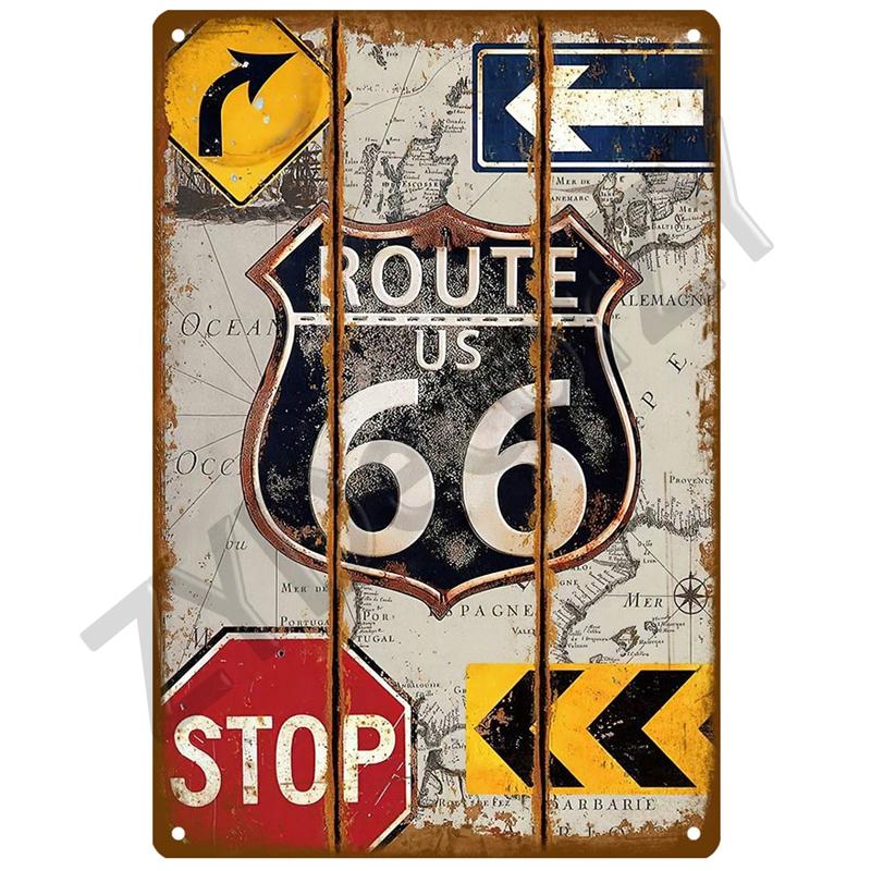 Металлическая табличка Route 66, металлический плакат, жестяная табличка, настенные плакаты, винтажный ретро-эстетический декор комнаты, настенное искусство, украшение