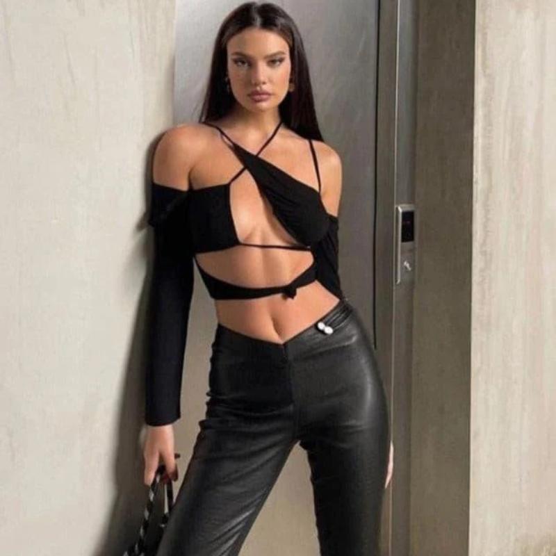 Cross Hung Neck Women's New Long Sleeved T-shirt Sexy Open Navel Top with Hollow Out Design, Tie Up Spicy Girl Suspender, Off Shoulder