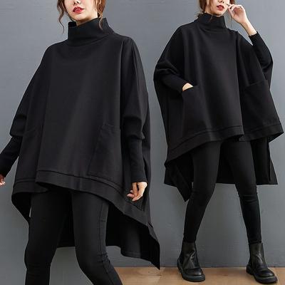 Женский худи большого размера, повседневный, асимметричный, черный, с высоким воротником, свободный, осенне-зимний, с длинным рукавом, оверсайз свитшот