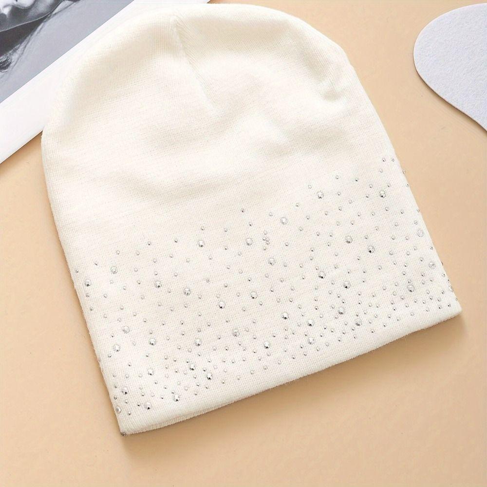 Shiny Rhinestone Decor Pullover Beanie Coldproof Winter Fall Hat Daily Winter Wear