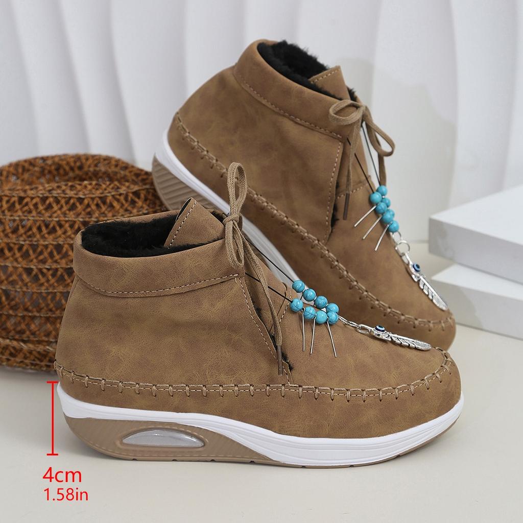 Aphixta Plush Lining Warm Winter Shoes Woman Lace Up Height Increasing Chunky Sole Ankle Boots Ethnic Big Size 43