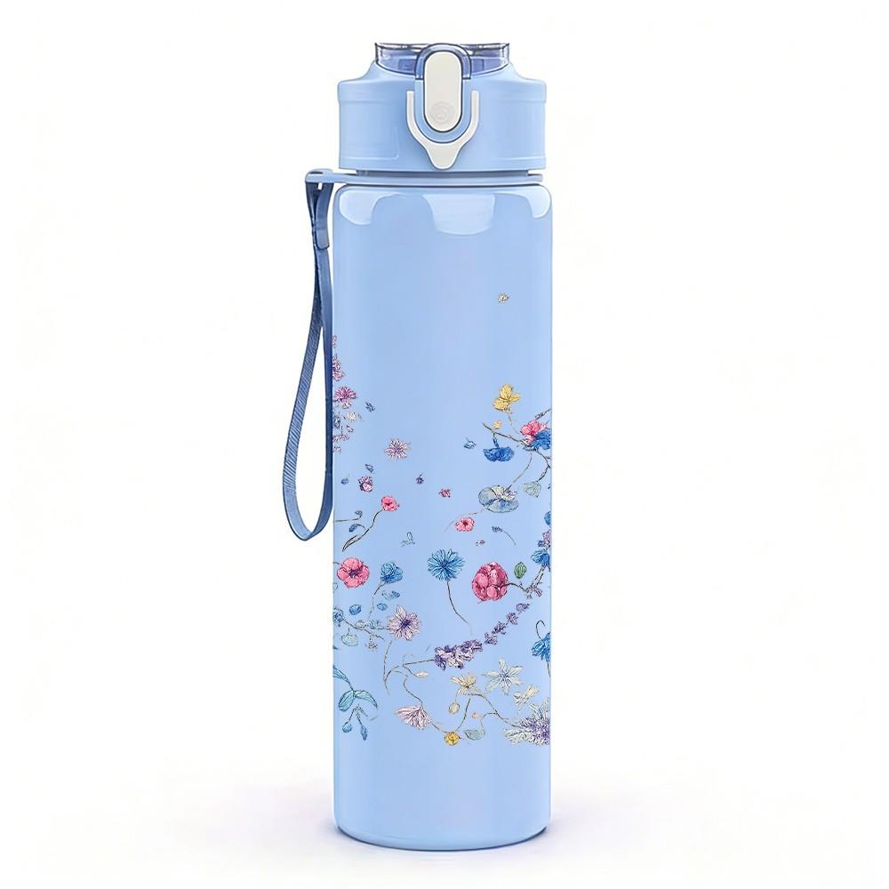 1PC Blue Splash Watercolor Texture Print 750ml Color Plastic Sports Water Bottle Leakproof Flip Straw Lid Suitable for Sports Office Home Use