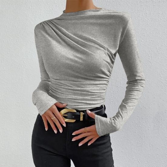 Women Solid Color Bottom Shirt Half High Collar Long Sleeve Bottoming Top Solid Color Slim Fit Pleated Pullover Tops