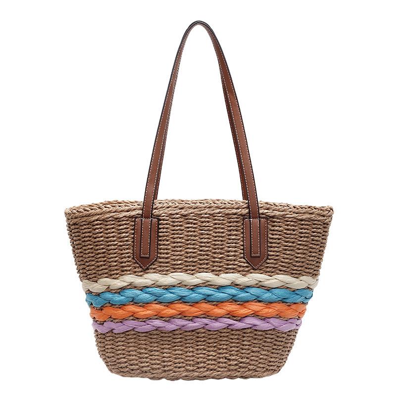 Shoulder straw bag New rainbow striped straw bag woven bag Vacation beach bag Versatile women's bag