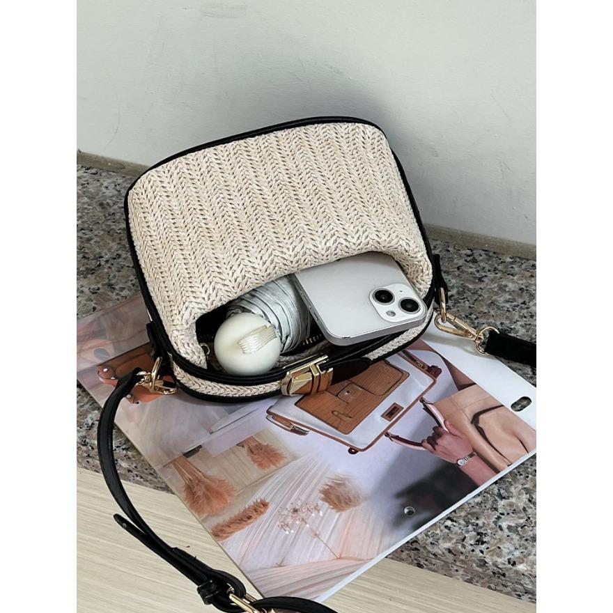 Универсальные соломенные плетеные сумки через плечо, повседневные сумки-ведра, модные контрастные цветные сумки, пляжные сумки для отпуска для женщин