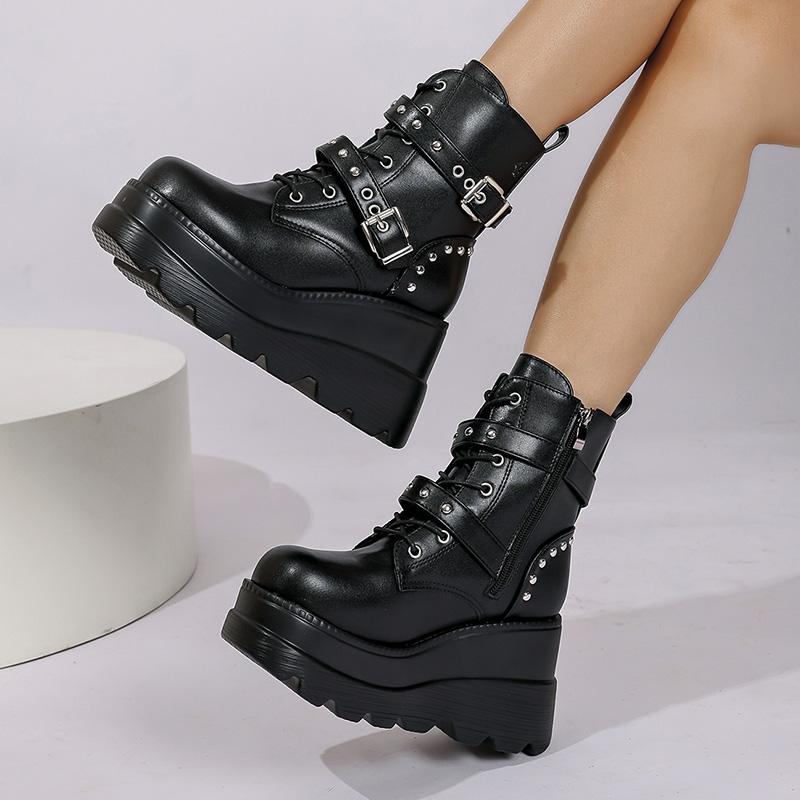 Fashion Women's Gothic Chunky Platform Ankle Boots Thick Bottom Wedges PU Leather Combat Shoes Woman Rivet Buckle Decor Black Punk Boots