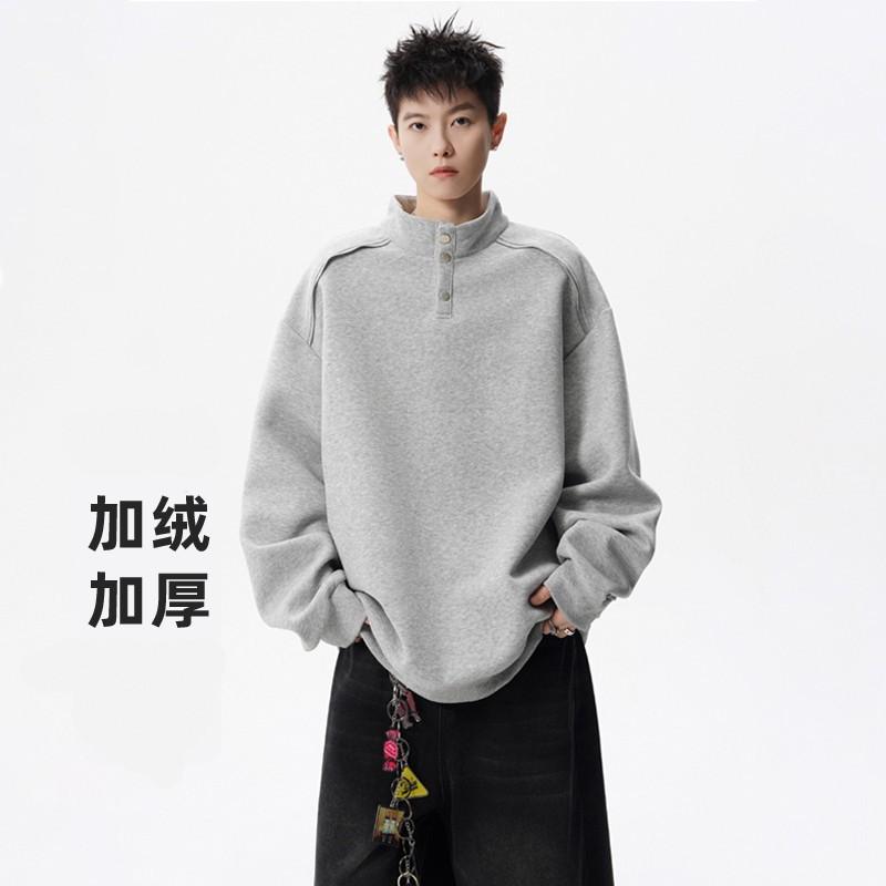 Heavyweight Stand Collar Half-Zip Sweatshirt Men Winter Fleece Lined Loose Fit Streetwear