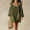 Bohemian Loose Lantern Sleeve Solid Color Mini Dress For Vacation