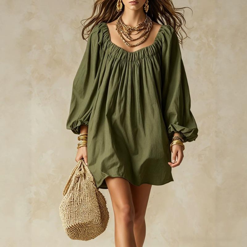 Bohemian Loose Lantern Sleeve Solid Color Mini Dress For Vacation