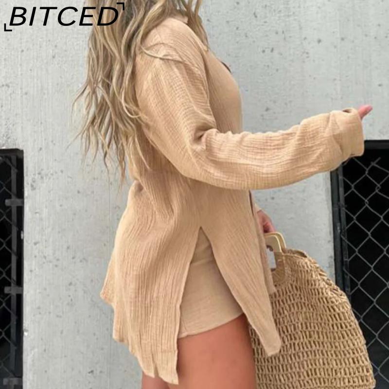 BITCED Женская рубашка из мятой ткани с длинным рукавом и шортами с высокой талией, модный повседневный комплект из двух предметов