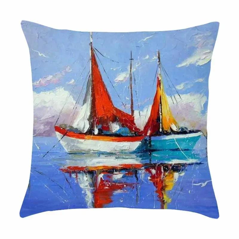 Красивая Масляная Живопись Парус Парусный Спорт Пейзаж Принт Узор Наволочка для Подушки Домашняя Гостиная Диван Украшение Подушка