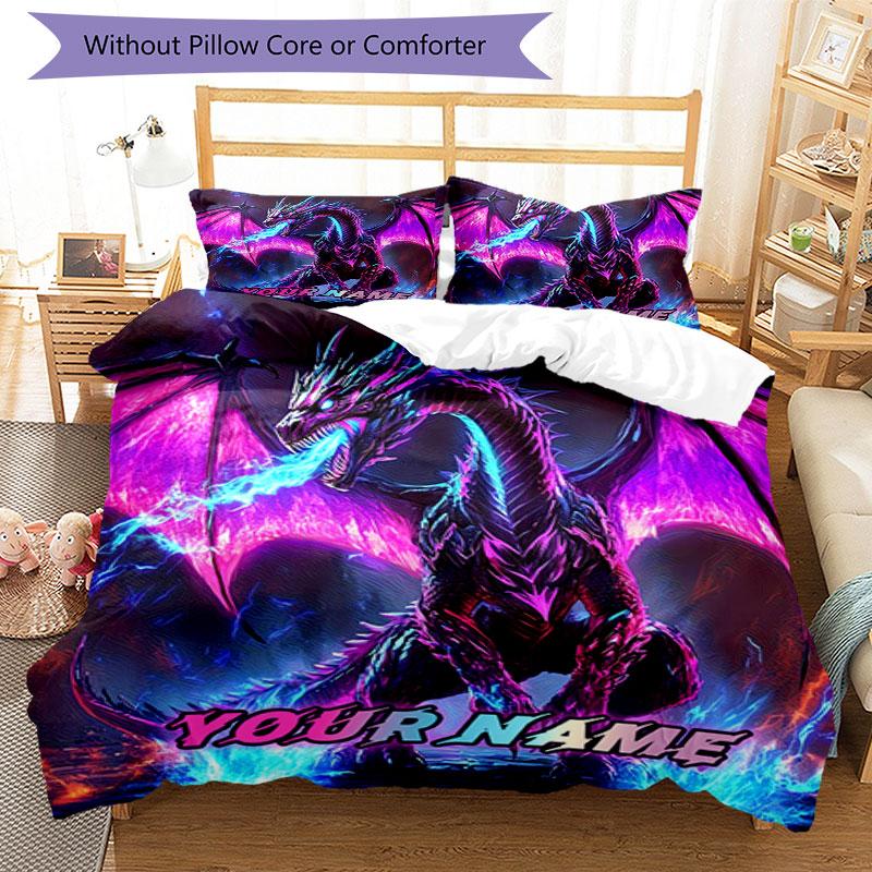3PC Custom Name Electric Dragon Fantasy Bedding Set Duvet Cover Closure Includes 1 Duvet Cover & 2 Pillowcases for Bedroom