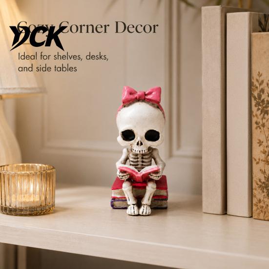 Skull Decor with Pink Bow Reading Book Ornament, Artistic Sculpture, Retro Aged Bone Texture Ornament Gothic Resin Figurine for Bookshelf Desktop