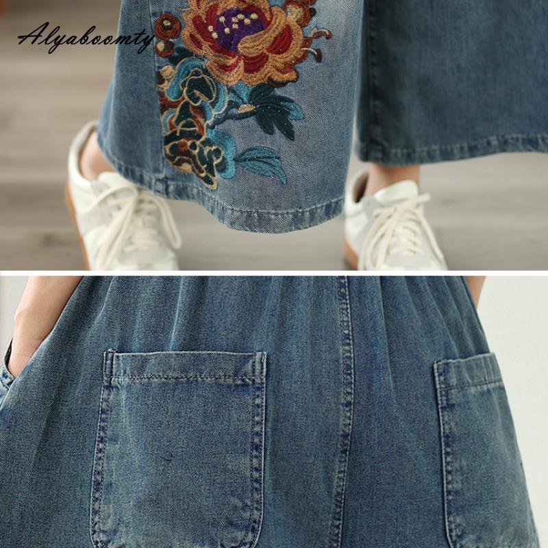 Большие размеры весна-лето женские синие широкие джинсы с высокой талией на шнурке с цветочной вышивкой повседневные свободные джинсовые капри винтажные мешковатые женские джинсы