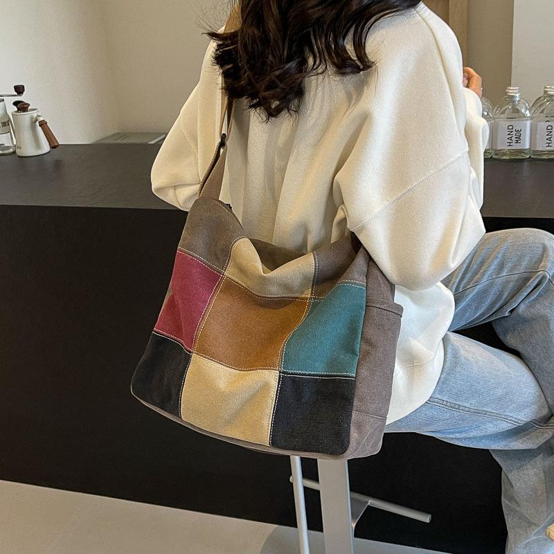 Canvas splicing women's bag new fashion simple retro women's shoulder bag casual large capacity travel messenger bag