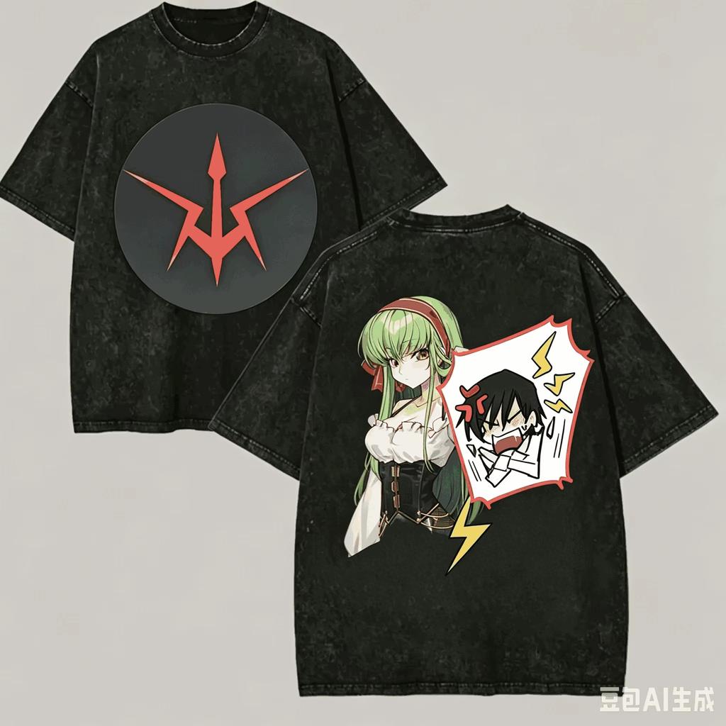Винтажная стираная футболка Code Geass Манга Двусторонняя графика Мягкий хлопок Круглый вырез Короткий рукав Унисекс Оверсайз Уличная одежда Футболки
