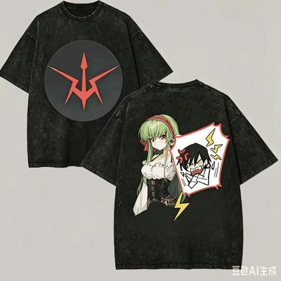 Винтажная стираная футболка Code Geass Манга Двусторонняя графика Мягкий хлопок Круглый вырез Короткий рукав Унисекс Оверсайз Уличная одежда Футболки