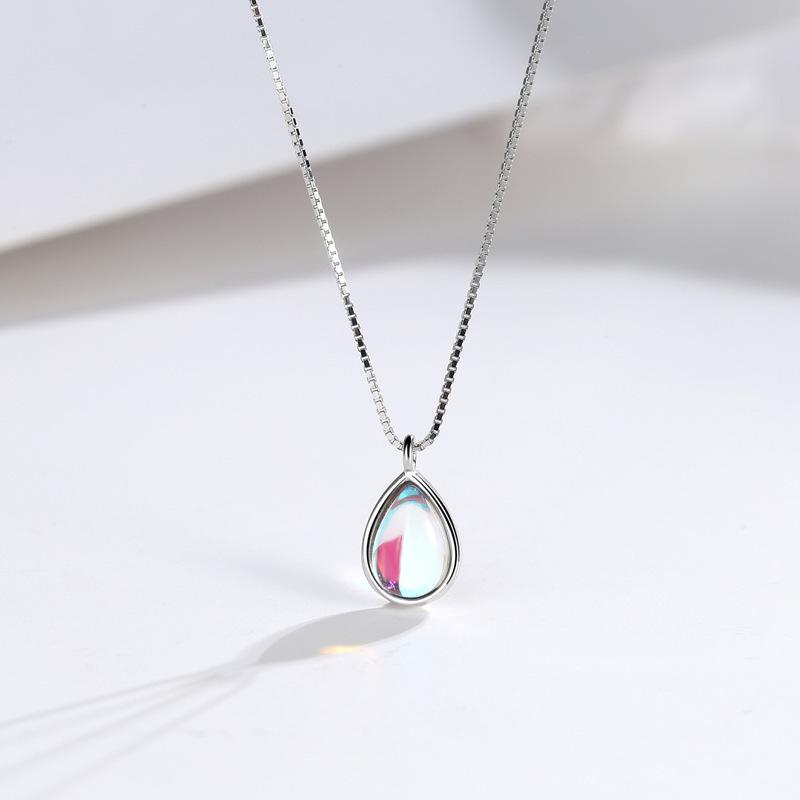 Ожерелье из стерлингового серебра 925 пробы для женщин Ins Simple Elegant Japanese and Korean Niche Water Drop Aurora Gradient Moonstone Cubic Cavilic Chain