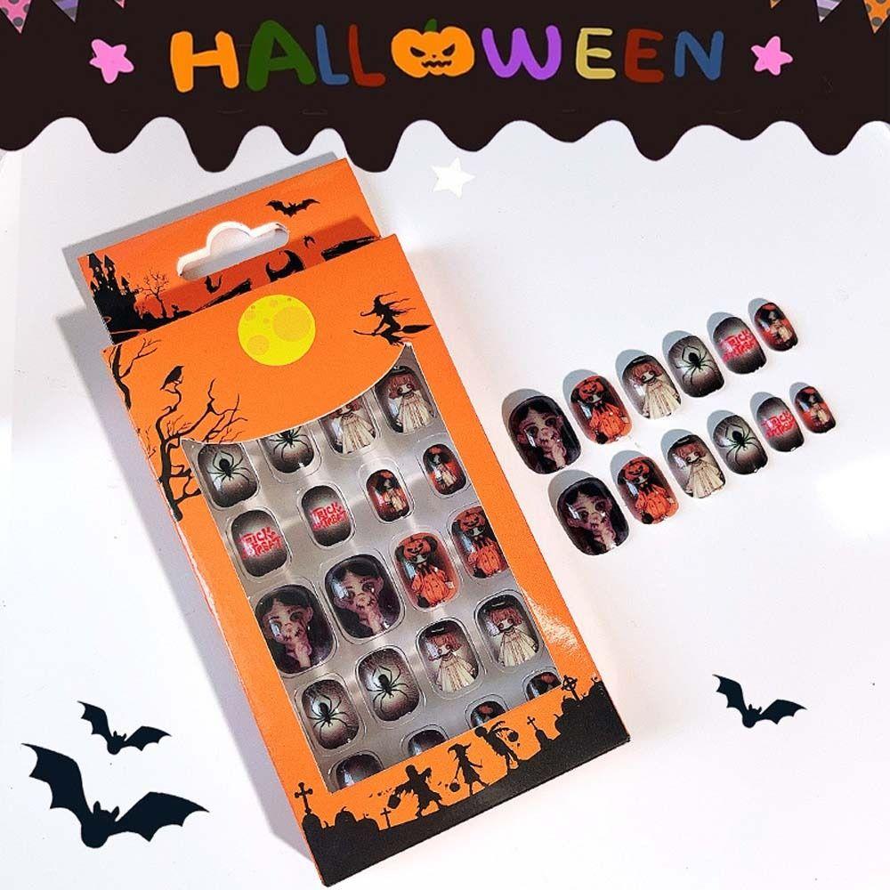 24Pcs/set Pumpkin Children Halloween False Nails Ghost Kids Fake Nail Extension  Girls