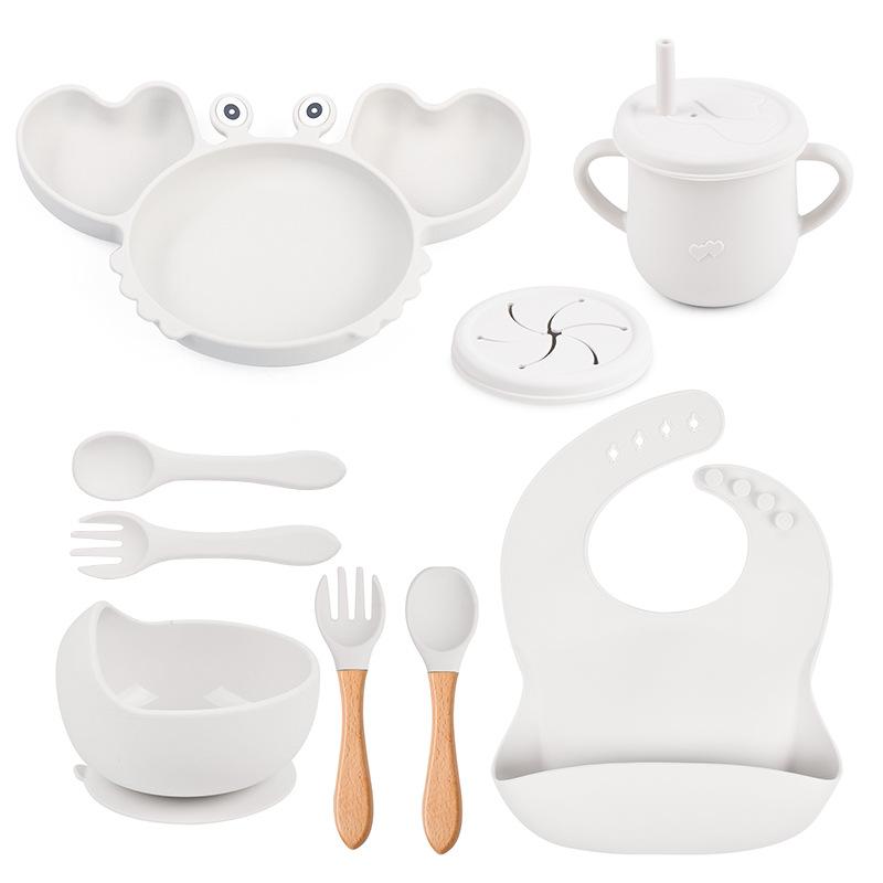 9PCS/Set Baby Silicone Tableware Set Baby Feeding Dishes BPA Free Bowl Plate Bibs Spoon Fork Sets Children Non-slip Dinnerware