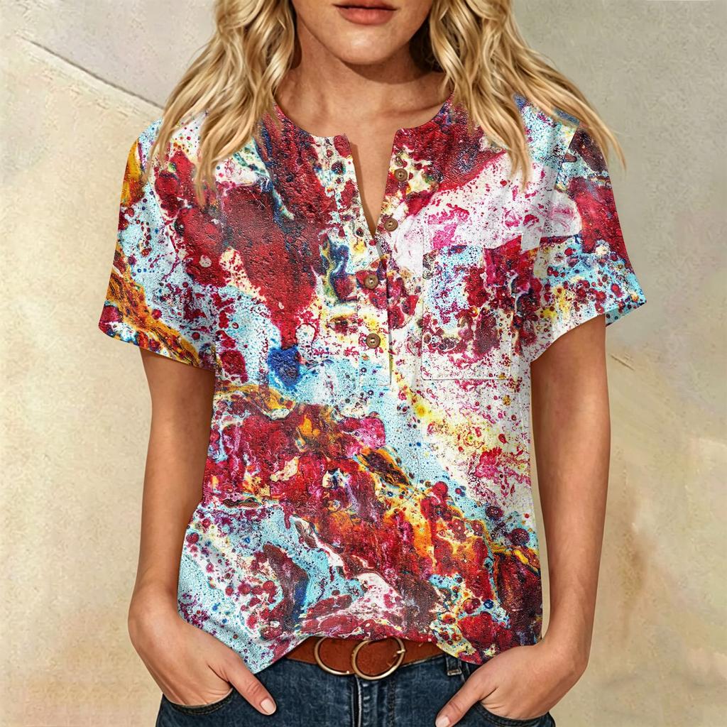 Женская модная хлопково-льняная рубашка-henley с коротким рукавом, принтом, пуговицами на воротнике и карманом на груди для повседневной носки