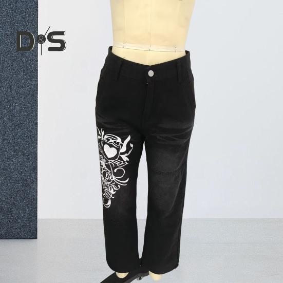 Women Jeans Mid Waist Irregular Individual Printing Retro Style Straight Wide Leg Patchwork Full Length Trousers for Vacation Travel Work School