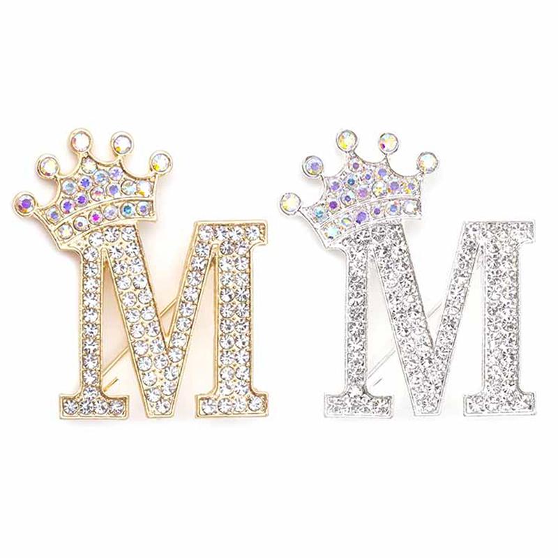 Fashion Crown 26 Initial Letters A To Z Crystal Rhinestone Brooch Pins Women