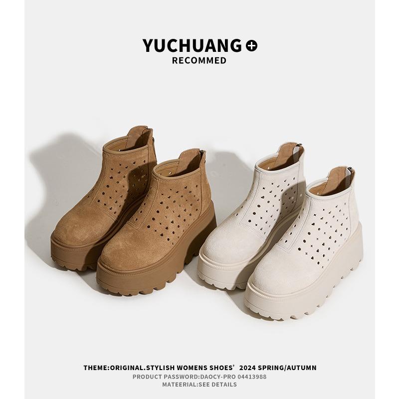 Крутые ботинки женские толстая подошва увеличение роста, ботинки-сигареты на одной педали летние новые нескользящие на платформе с полым дышащим коротким голенищем