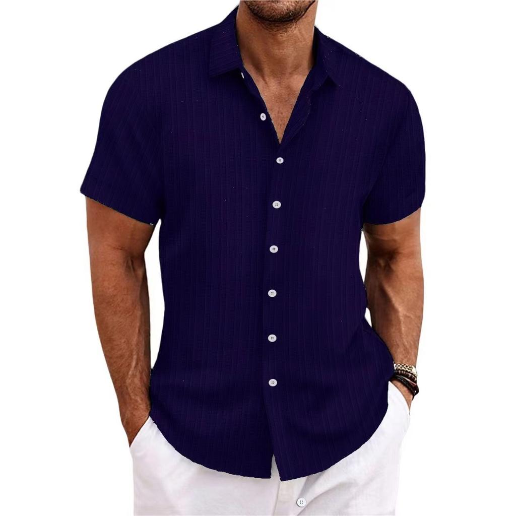 New Men's Linen Striped Jacquard Casual Loose Short-sleeved Shirt