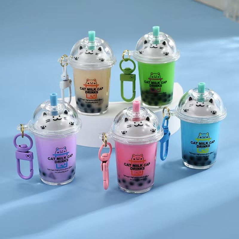 1/5Pcs Cat's Pearl Milk Tea Keychain Sand Bottles Car Key Chains Creative And Cute Milk Tea Cups Pendant Bag Decoration