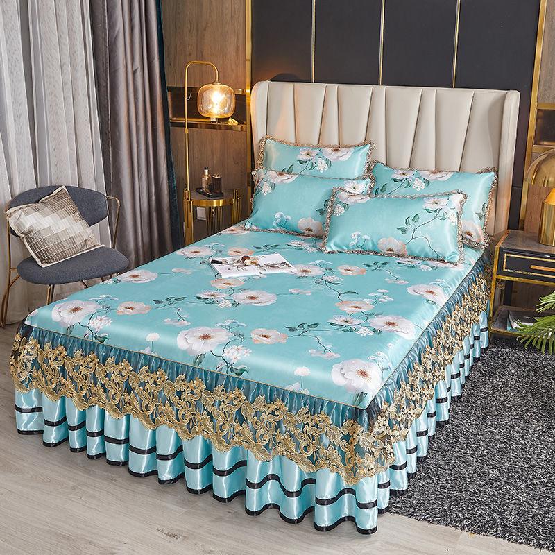 Роскошное моющееся ледяное мягкое постельное белье, кружевная юбка для кровати, живописные покрывала с вышивкой, королевский размер, складной крутой коврик