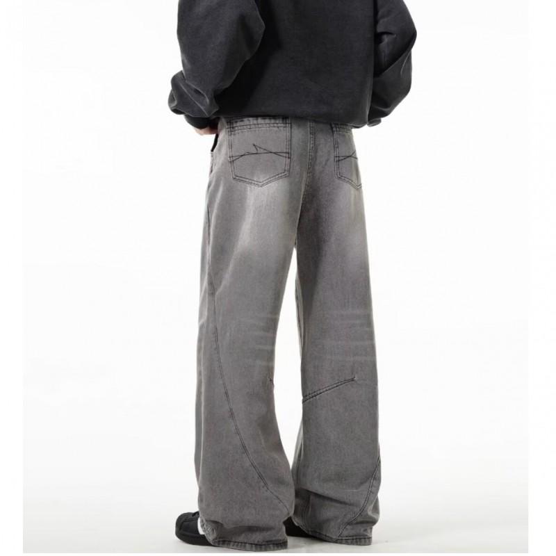 Stonewashed Grey Wide Leg Jeans Teens Men Slim Fit Stretch Denim Pants Casual Streetwear