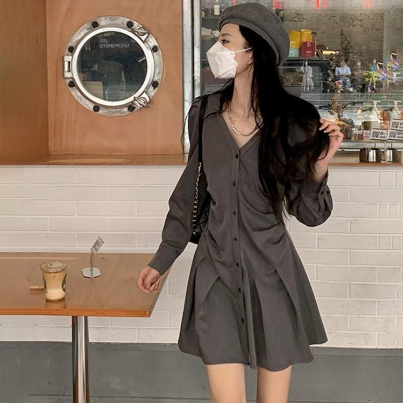 Платье-рубашка с v-образным вырезом, женское весеннее тонкое милое платье-пиджак с воротником, повседневное модное элегантное серое сексуальное платье