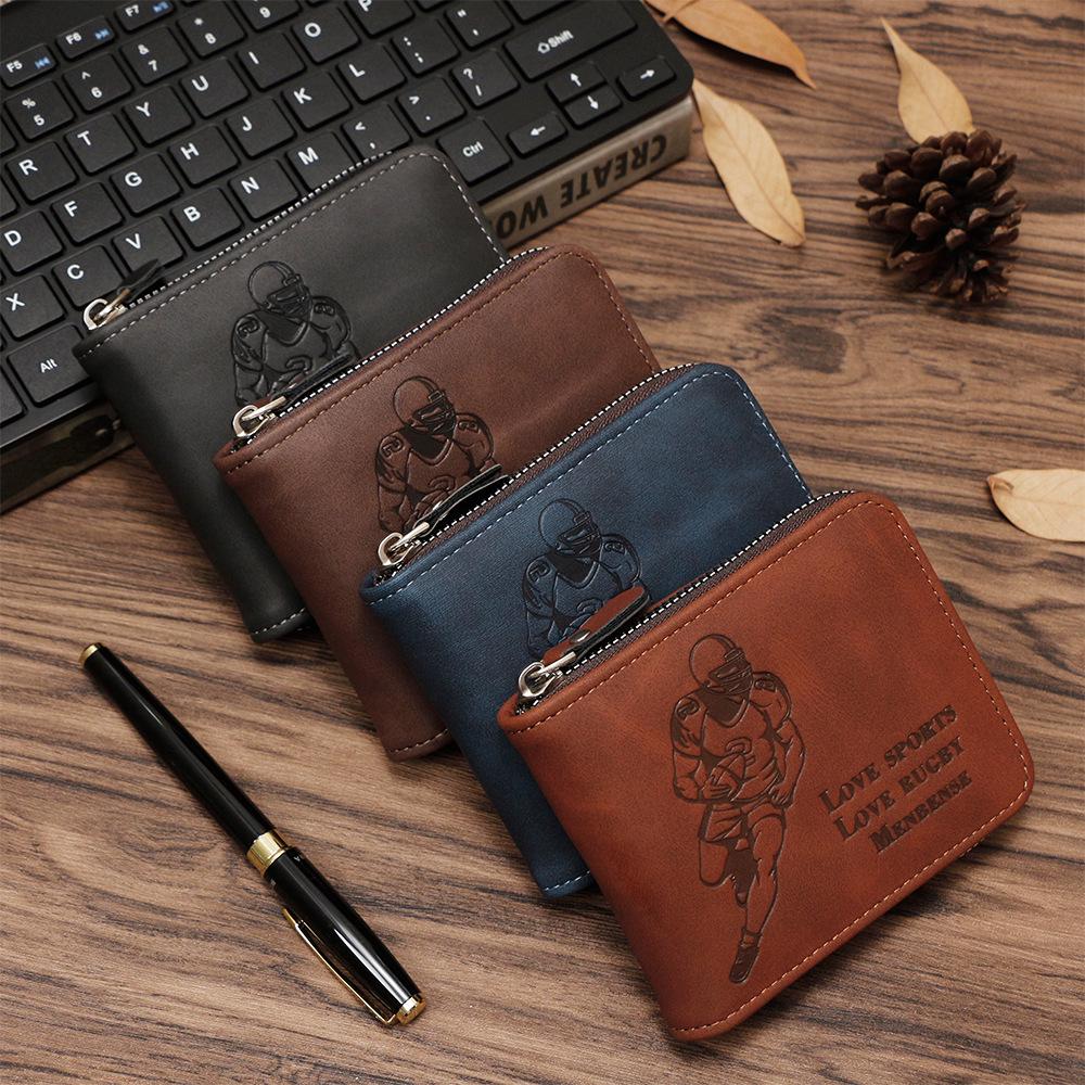 European-American Retro Men's Tri-fold Rugby Wallet with Chain and Multi-card Holder