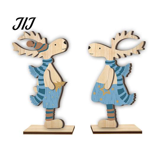 Rustic Wood Holiday Centerpieces 2Pcs Wooden Christmas Reindeer Ornaments, Cute Elk Desktop Decorations, Festive Ornaments for Party Double