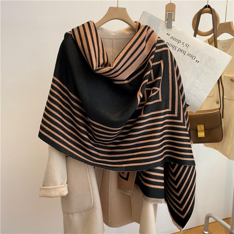 Autumn and Winter New Imitation Cashmere Scarf Women's Geometric Striped Double-sided Warm Fringed Scarf Fashionable