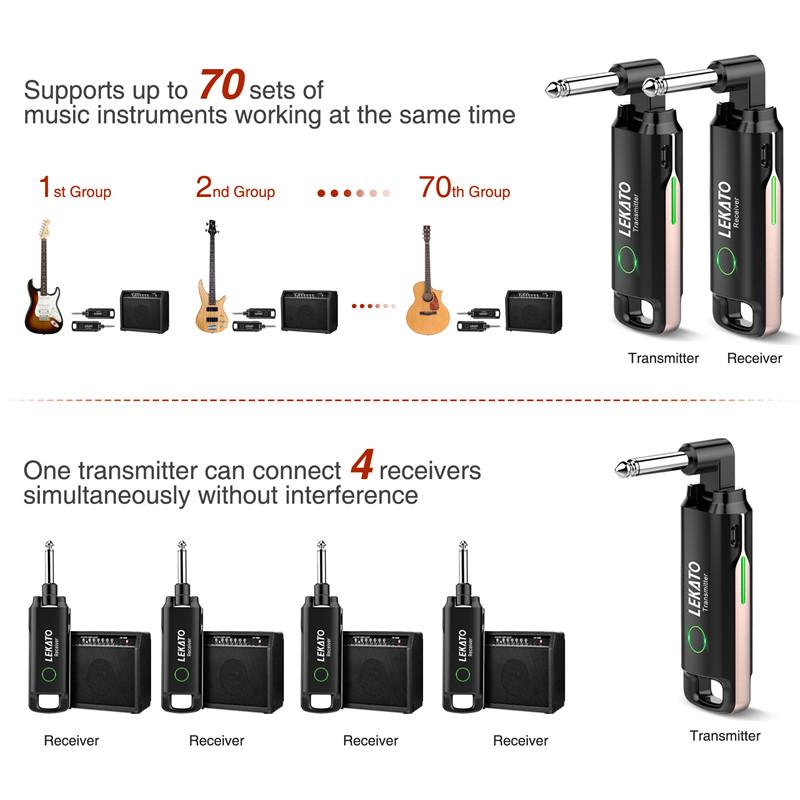 LEKATO WS-70 A8 A9 WS-10 Wireless Guitar Transmitter Receiver System Built-In Rechargeable Audio Guitar Wireless 70 Channels 40M
